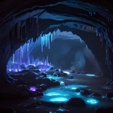 A deep, underground cavern filled with glowing crystals and mysterious ruins. Strange, pulsating plants grow along the walls, and the sound of rushing water echoes through the darkness.