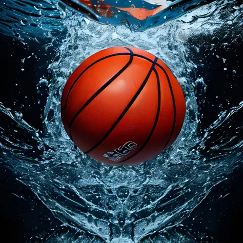 Ultradetailed photo of a basketball falling into water