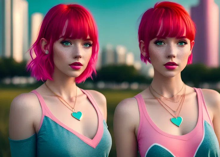 1girl, redhead, pink hair, short hair, heart necklace, freckled, bangs, green eyes, pink lips, red nails, short blue denim short and red top, cutoffs, offshoulder crop top, long sleeves, a heart necklace on her neck, navel, high quality, masterpiece, 8k, sharp focus, city background, full body visible
