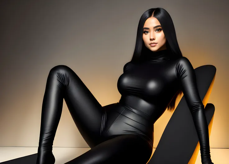 ruler of the underworld, 1girl, full body, sitting in dimly lit corner, crossed legs, wearing a black turtleneck, with black pants and big black boots, best quality, masterpiece, light rays, grin, black colored sclera, medium breasts, detailed beautiful face, extremely detailed