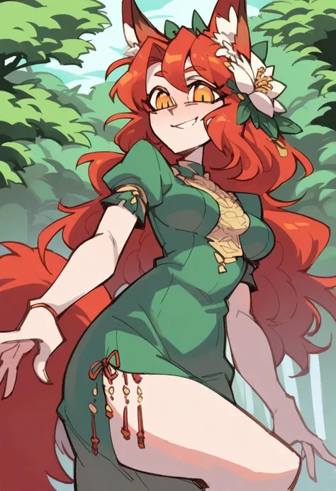 score_9, score_8_up, score_7_up, score_6_up, score_5_up, score_4_up, source_anime, 
BREAK
1girl,monster girl,fox girl, ,solo, playful smile, medium breasts,Green Party Dress, cowboy shot, red hair, long hair, ,Hair flower,fox tail, fox ears,tall, standing, amber eyes, outdoors, forest, day