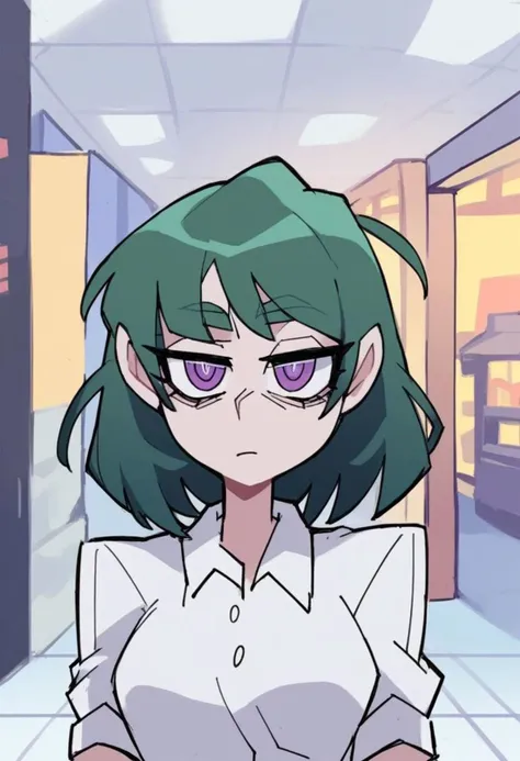 score_9, score_8_up, score_7_up, score_6_up, score_5_up, score_4_up, source_anime, 
BREAK
1girl (medium  hair, sidelocks, an expressionless face, tiny breasts, white shirts, upper body, green hair, straight hair, purple eyes, circle eye, pale skin,),  looking at viewer, in doors, shopping mall, day,