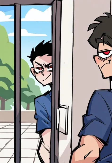 score_9, score_8_up, score_7_up, score_6_up, score_5_up, score_4_up, source_anime,
BREAK
1 man (short hair, black hair wiht highlight brown hair, sidelocks, half-open eyes, red eyes, upper body, blue check shirts, smile, grumpy smile,), looking at viewer, in doors, shopping mall, day,