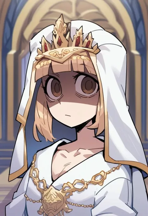 score_9, score_8_up, score_7_up, score_6_up, score_5_up, score_4_up, source_anime, 
BREAK
1girl, solo, expressionless, collarbone, upper body, brown eyes, closed mouth, white headwear, white robe, white veil, looking at viewer, crown, shaded face, gold trim, robe, veil, indoors