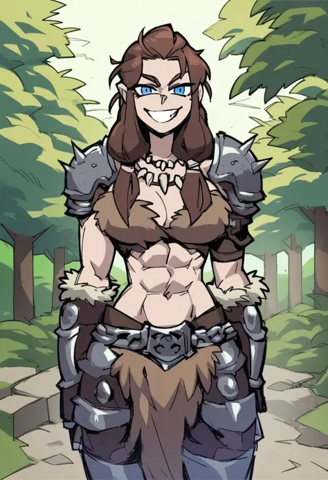 score_9, score_8_up, score_7_up, score_6_up, score_5_up, score_4_up, source_anime,
BREAK
1girl,Barbarian girl,solo, grin, smile, breasts,Rough Armor, cowboy shot,white skin, Brown hair, long hair, ,Hair rings, large breasts, looking at viewer, navel,fit, abs, Tribal tattoos, standing, Blue eyes, outdoors, forest, day