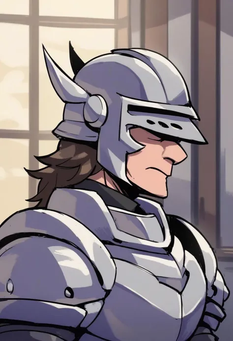 score_9, score_8_up, score_7_up, score_6_up, score_5_up, score_4_up, source_anime, 
BREAK
1boy, solo, profile, lips, nose, pauldrons, upper body, closed mouth, shoulder armor, grey armor, armor, helmet, full armor, male focus, looking away, gorget, arm armor, indoors