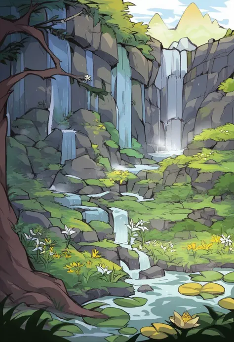 score_9, score_8_up, score_7_up, score_6_up, score_5_up, score_4_up, source_anime, 
BREAK
branch, day, flower, forest, graffiti, grass, isometric, lily pad, nature, no humans, outdoors, plant, pond, rock, scenery, tree, water, waterfall, white flower, yellow flower