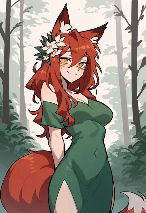 score_9, score_8_up, score_7_up, score_6_up, score_5_up, score_4_up, source_anime,
BREAK
1girl,monster girl,fox girl, ,solo, playful smile, medium breasts,Green Party Dress, cowboy shot, red hair, long hair, ,Hair flower,fox tail, fox ears,tall, standing, amber eyes, outdoors, forest, day