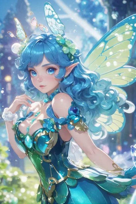 cel shading, 1girl, woman, f/1.4 lens, bokeh, tiny Ice Apple pixie,butterfly wings, see-through gossamer, bombshell hair, shiny light color:dodgerblue hair, Diffused Curls, hourglass figure, chinese