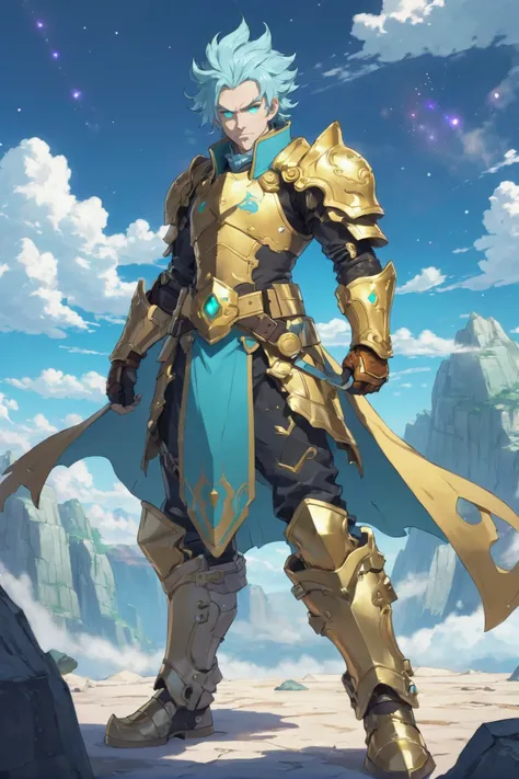 cel shading, (full body:1.2), 1boy, man, grizzled, solo, [:epic costume design,:0.2] gunslinger, pastel lightgoldenrodyellow (rusted leather greaves,gauntlets:1.2), caucasian, glowing teal hair, (average:1) build, middle aged, morning, blue sky, clouds, scenery, in a Lunar Cave Systems