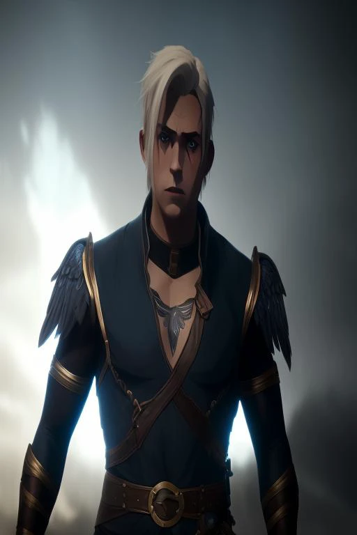 A man with wings and tail, a blue eyes, white cut hair, beautiful dynamic dramatic dark moody lighting, shadows, cinematic atmosphe, leagueofstyle