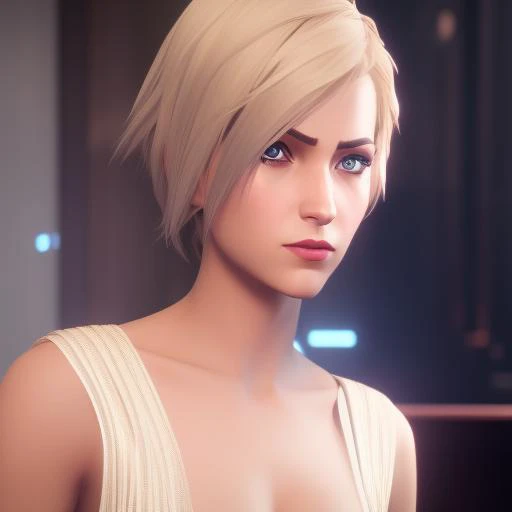 leagueofstyle, attractive short haired blonde woman , 3D, 3d art, 4k, 8 k artistic photography, award-winning photograph, trending on Artstation, Beautiful, 8k resolution, insanely detailed, Intricate, Behance, Cinematic, dramatic atmosphere, cinematic lighting, digital art, dramatic angle, Dramatic light by denis villeneuve, [mix style "pixar and artgerm and dreams work"], Elegant, ethereal lighting, octane render, dynamic lighting, digital painting, extreme plus resolution, fake detail, full image, full of details, global illumination, golden ratio, golden warm light, high contrast, high detail, high res, highly detailed, hyper detailed, intricate details, Masterpiece, perfect composition, photorealistic concept art, Professional, ray tracing, rich deep colors, Saturated, sharp focus, sharp lighting, soft natural volumetric cinematic perfect light, studio photo, studio quality, Stylize, super detail, Symmetry, trending on pixiv fanbox, ultra detail, ultra detailed, unreal engine 5, volumetric lighting