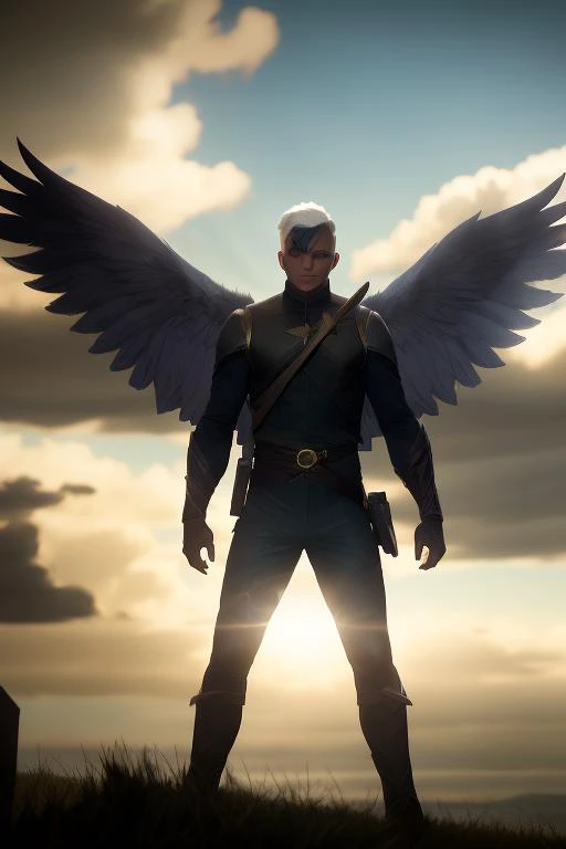 A man with wings and tail, a blue eyes, white cut hair, beautiful dynamic dramatic dark moody lighting, shadows, cinematic atmosphe, leagueofstyle