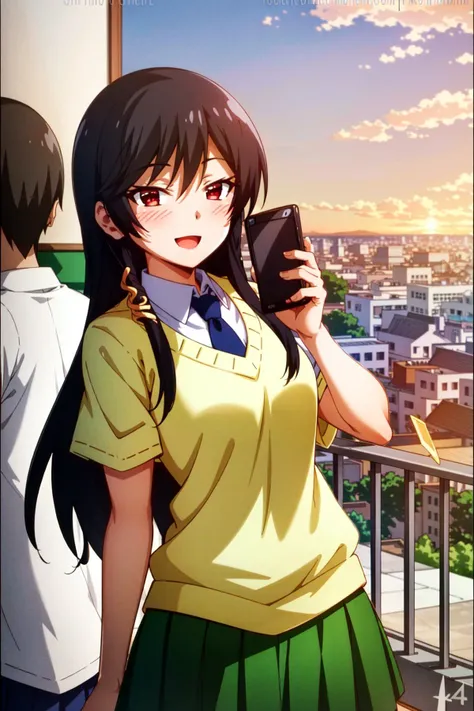 <lora:OGT_Yui_Kashii-v1:1> Yui Kashii, 1girl, phone, solo, cellphone, long hair, school uniform, necktie, smile, black hair, open mouth, red eyes, blush, smartphone, sunset, :d, standing, sky, skyscraper, (masterpiece, Best Quality, Extremely Detailed, Ultra Quality, 4k)
