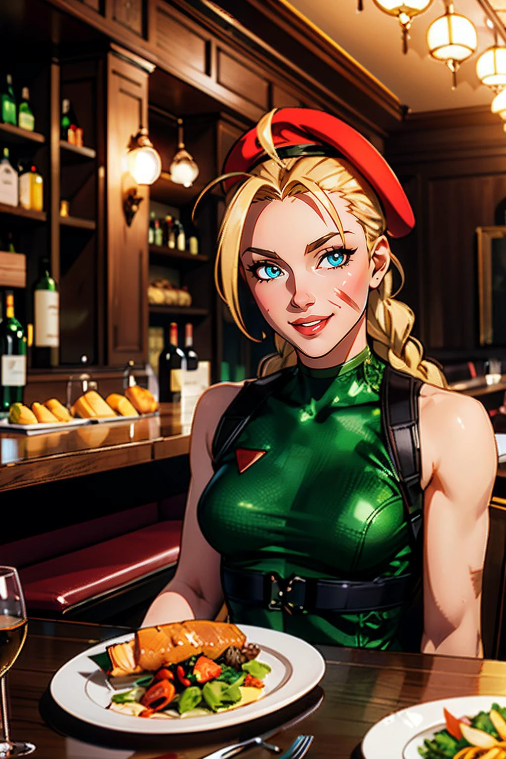 Cammy, red beret, blonde hair, twin braids, ahoge, facial scar, harness, green leotard, looking at viewer, smiling, sitting, inside fancy restaurant, table full of food, salmon, wine glass, warm ambiance, high quality, masterpiece <lora:cammySF6s2:.7>