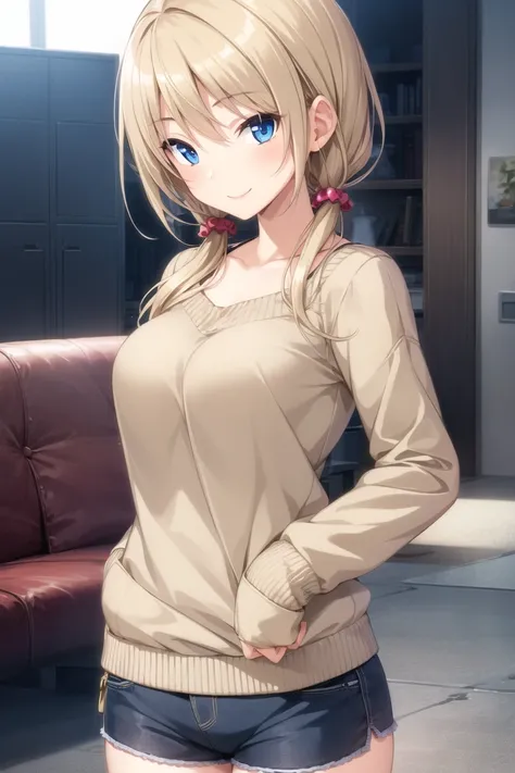 1girl, solo, blue eyes, blonde hair, smile,low twintails, micro shorts,sweater,
