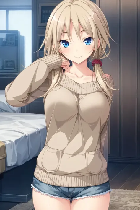 1girl, solo, blue eyes, blonde hair, smile,low twintails, micro shorts,sweater,