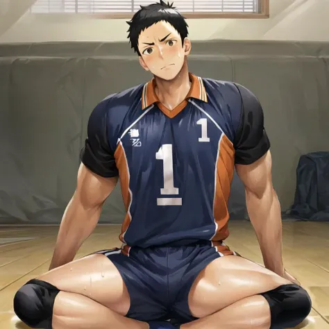 daichi sawamura, solo, 1boy, muscular male, volleyball uniform, shirt, thick thighs, short sleeves, sweating, action pose