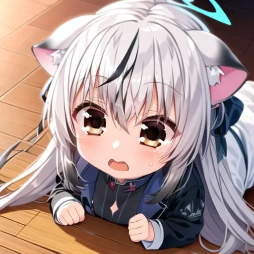 masterpiece, best quality, 1girl, animal ears, multicolored hair, solo, black hair, halo, open mouth, chibi, streaked hair, brown eyes, white hair, long hair, watermark, jacket, bangs, portrait, ribbon, wooden floor, hair ribbon, tiger ears <lora:sunoharaKokona_v10:1>
