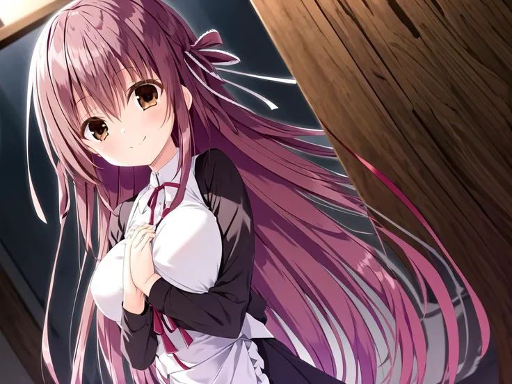 masterpiece, best quality, long hair, 1girl, brown hair, dress, ribbon, brown eyes, looking at viewer, dutch angle, hair ribbon, very long hair, own hands together, breasts, hair between eyes, flower, bow, bangs, black dress, v arms, red ribbon, apron, floating hair, solo, long sleeves, indoors, (red hair:1.1), light smile, closed mouth,