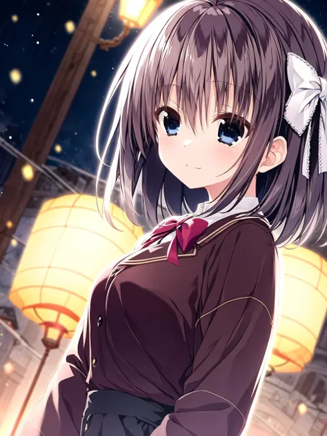 1girl, bangs, blue eyes, blurry, blurry background, bow, brown hair, closed mouth, from side, hair between eyes, hair bow, lantern, light particles, long sleeves, looking at viewer, medium hair, night, red bow, solo, star \(symbol\), upper body,(masterpiece:1.4),(best quality:1.4)