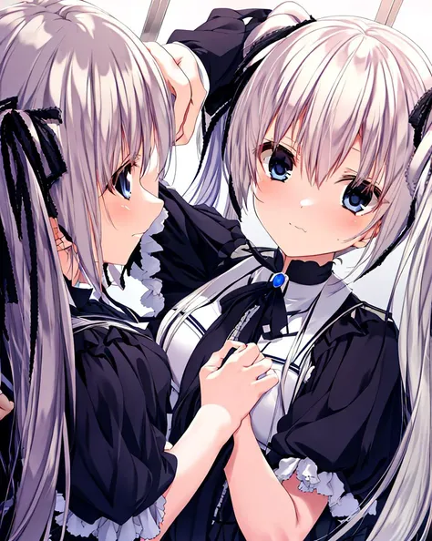 masterpiece, best quality,twintails, blue eyes, multiple girls, hand on another's head,