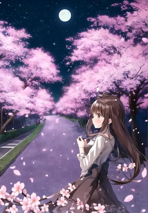 masterpiece, best quality,sky, outdoors, night, star \(sky\), cherry blossoms, flower,1girl,
