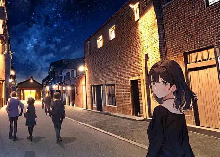 masterpiece, best quality,sky, outdoors, night, star \(sky\), looking back,