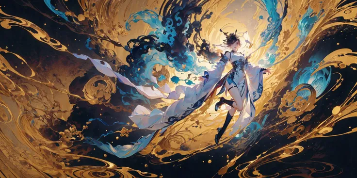 Ground glass,1girl,solo,kuri style,long legs,imid shot,macro shot,Splash ink,Ink style,illustration,Detailed text,exaggerated perspective,extremely low perspective,panorama,
figure,Ink style,Combat posture,A shot with tension,detailed background,Double exposure,Buddha statue,(full body:1.5),
line,badge,pattern,ultra realistic 8k cg,Splattered black ink,flawless,clean,Extreme flowing hair,masterpiece,professional artwork,famous artwork,cinematic lighting,cinematic bloom,(full body:1.2),((nagative space:0.8),(drawing board:1.3), (ether colorful ink flowing:1.3),gracefully twirls amidst a captivating whirlwind of vibrant silk ribbons, employing dynamic lighting to enhance the sense of motion and the striking colors, Meticulous brush,Freehand splash ink, xuer Ancient style ink, xuer mind bending murals,,<lora:~Q? l4_ih<n\ xuer mind bending murals:0.7>,,,