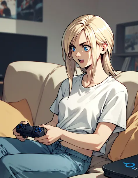 score_9, score_8_up, score_7_up, score_6_up, score_5_up, score_4_up
<lora:aya-brea-ponyxl-000020:1> aya brea, blue eyes, blonde hair, white shirt, t-shirt, midriff, jeans,
sitting, from side, living room, playstation controller, playstation, excited