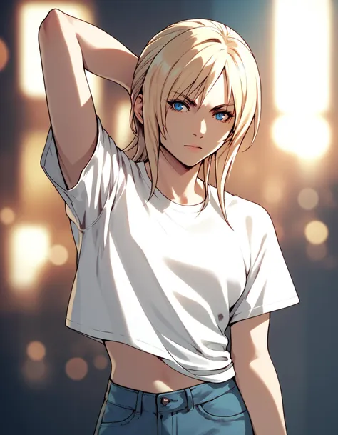 score_9, score_8_up, score_7_up, score_6_up, score_5_up, score_4_up
<lora:aya-brea-ponyxl-000020:1> aya brea, blue eyes, blonde hair, white shirt, t-shirt, midriff, jeans,
arm up, arm behind head, bokeh