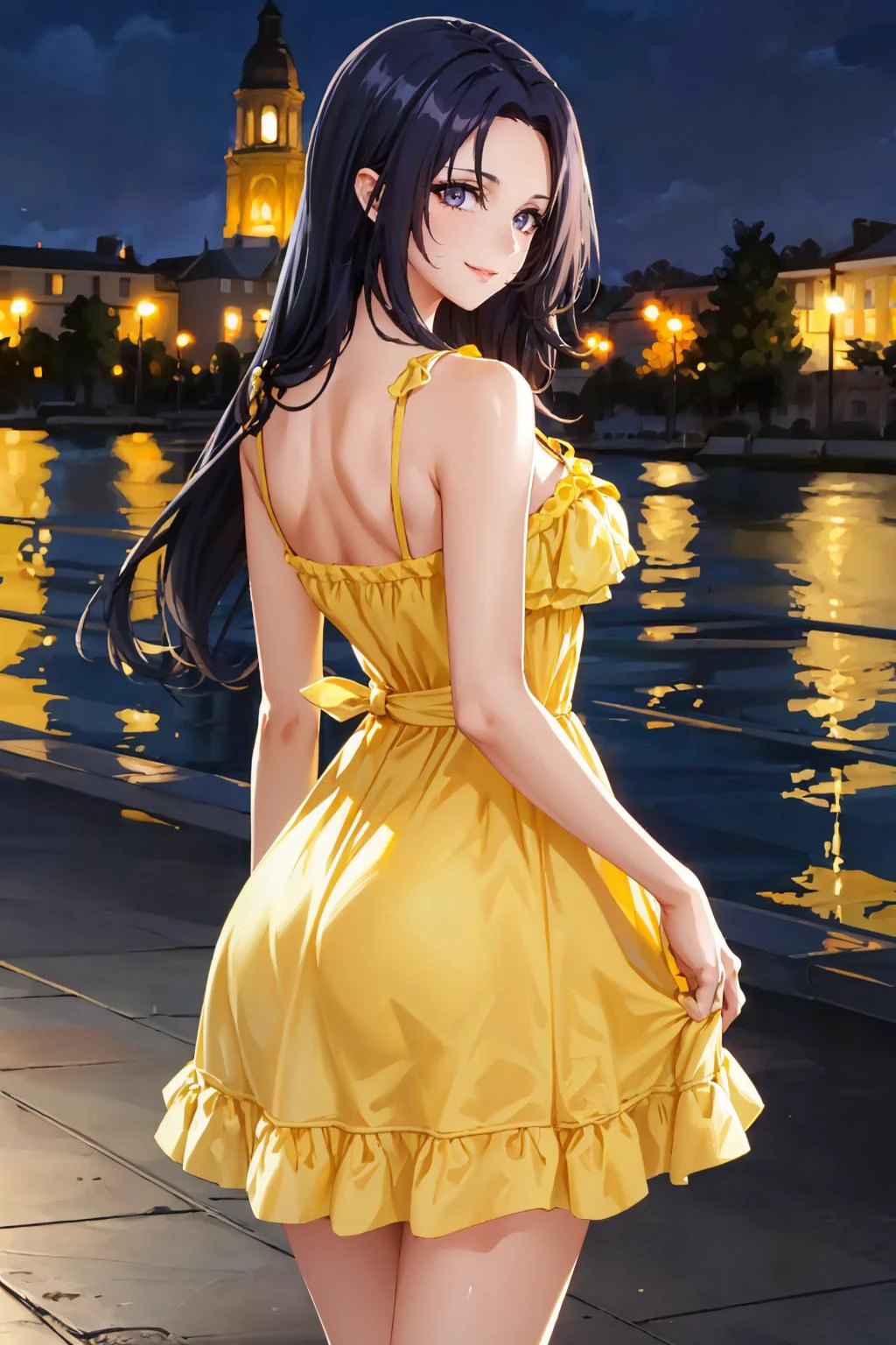 masterpiece, best quality, <lora:gamma-nvwls-v1-000009:0.9> gamma, (yellow sundress:1.2), from behind, looking at viewer, smile, large breasts <lora:edgChamYellowSundress:1> edgYSD,woman wearing a yellow sundress, night sky