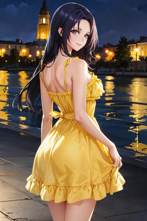 masterpiece, best quality,  <lora:gamma-nvwls-v1-000009:0.9> gamma, (yellow sundress:1.2), from behind, looking at viewer, smile, large breasts  <lora:edgChamYellowSundress:1> edgYSD,woman wearing a yellow sundress, night sky