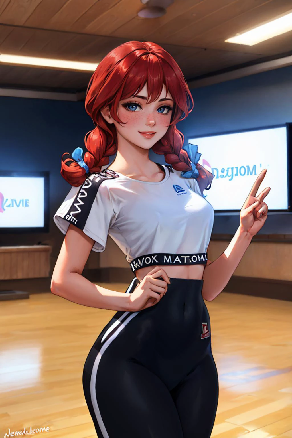 (masterpiece, best quality:1.2), solo, 1girl, ffwendys, smile, looking at viewer, twin braids, hair bow, HololiveDancePractice <lora:fastfood_wendys-10:1> <lora:CONCEPT-HololiveDancePractice:1>