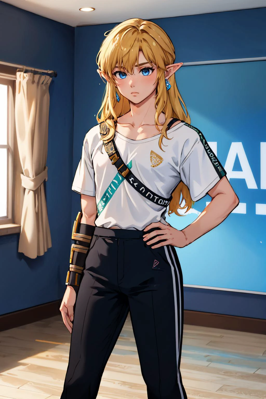 (masterpiece, best quality:1.2), solo, male focus, 1boy, totklink, mechanical arms, expressionless, hand on hip, HololiveDancePractice, earrings, indoors <lora:totk_link_v11_mech-10:0.8> <lora:CONCEPT-HololiveDancePractice:1>