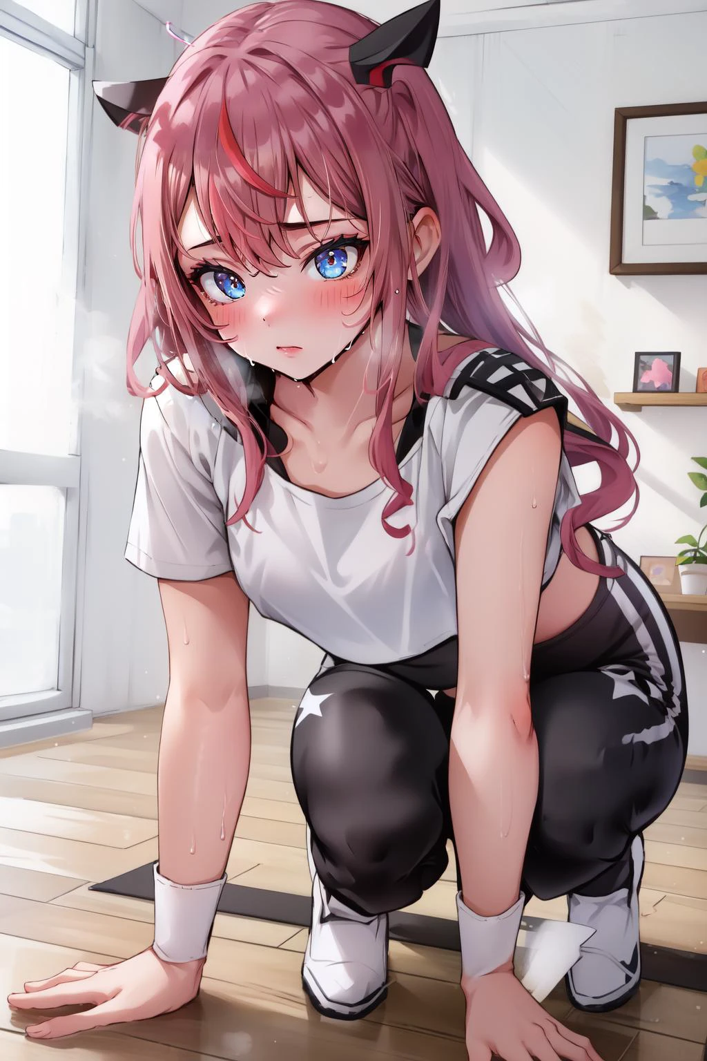 (masterpiece, best quality), intricate details,
1girl, <lora:Irys:0.8> star halo, double halo,
<lora:CONCEPT-HololiveDancePractice:0.8> HololiveDancePractice, white crop top, black yoga pants,
yoga, yoga studio, indoors, sweating, hot, sweat,
squatting, all fours,
