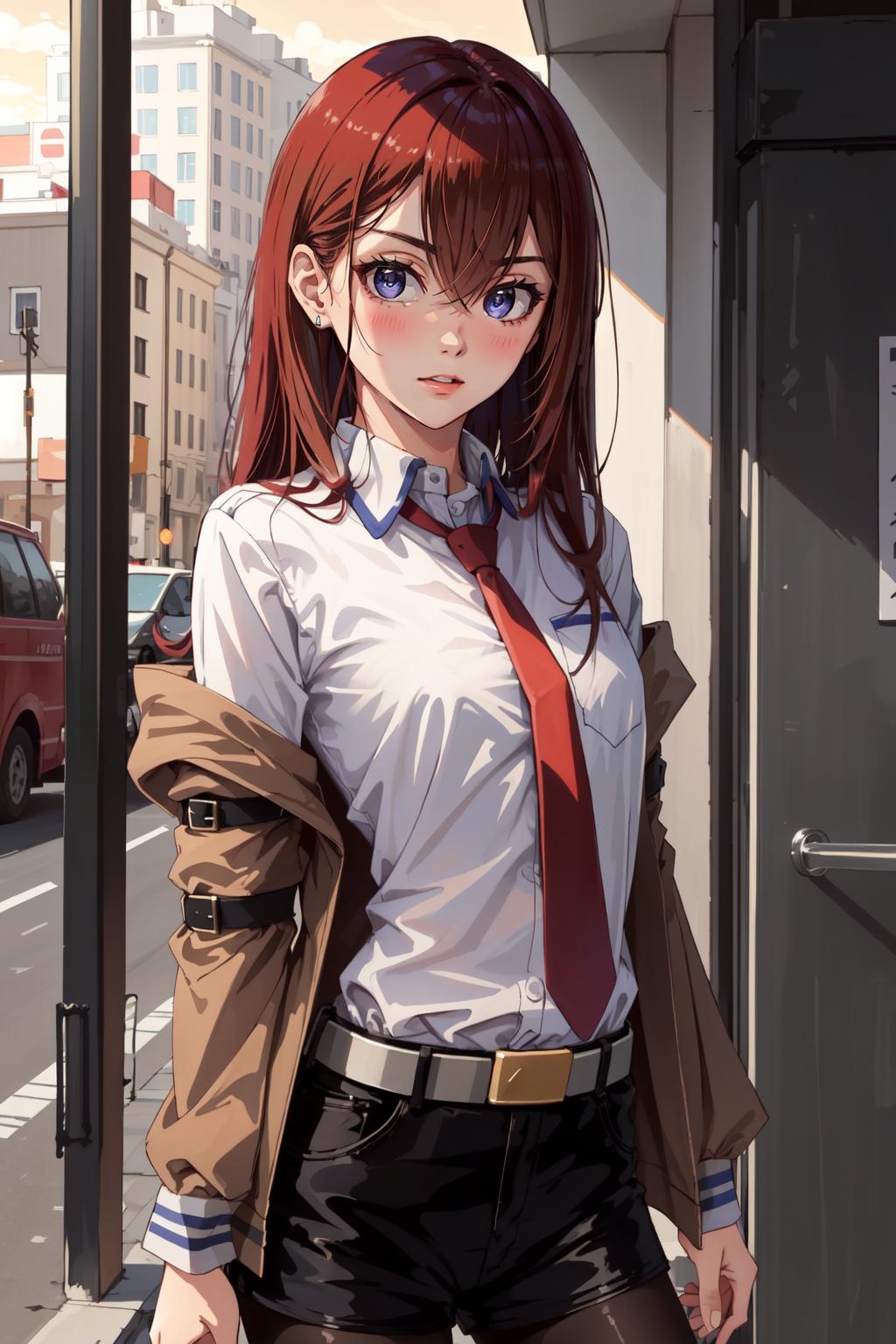 Anime girl with red hair and a tie standing on a city street（makise ...