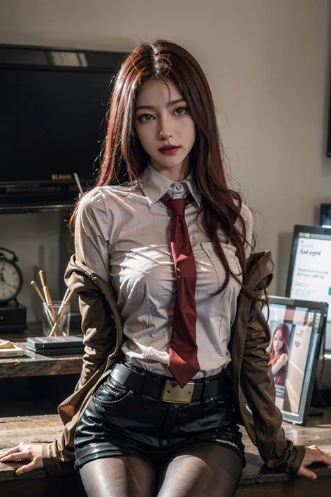 ((masterpiece), (best quality), ultra high res, (raw photo:1.2), (photorealistic:1.4), Exceptional detail, dramatic lighting, highres, 8k, absurdres,
CN_Girl1, 1girl, long hair, medium breasts, pikkykurisu, looking at viewer, (red hair:1.5), long hair, eyes visible through hair, bangs, hair between eyes, blue eyes, purple eyes, breasts, large breasts, shorts, pantyhose, jacket, shirt, red necktie, necktie, belt, white shirt, legwear under shorts, brown jacket, short shorts, long sleeves, black pantyhose, cowboy shot, blush, different pose,
ulzzang-6500:0.7, <lora:cn_girl-000002:0.5> <lora:Kurisu:0.8>