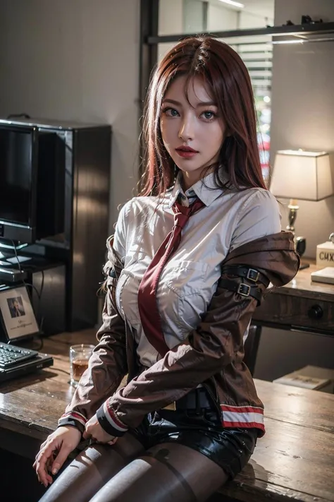 ((masterpiece), (best quality), ultra high res, (raw photo:1.2), (photorealistic:1.4), Exceptional detail, dramatic lighting, highres, 8k, absurdres,
CN_Girl1, 1girl, long hair, medium breasts, pikkykurisu, looking at viewer, (red hair:1.5), long hair, eyes visible through hair, bangs, hair between eyes, blue eyes, purple eyes, breasts, large breasts, shorts, pantyhose, jacket, shirt, red necktie, necktie, belt, white shirt, legwear under shorts, brown jacket, short shorts, long sleeves, black pantyhose, cowboy shot, blush, different pose,
ulzzang-6500:0.7, <lora:cn_girl-000002:0.5> <lora:Kurisu:0.8>