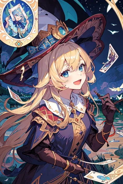 ((masterpiece:1.2, best quality)), 1girl, solo, (witch hat), blonde hair, long hair, dress, aurora, night, star (sky), gloves, sky, white dress, night sky, open mouth, starry sky, blue eyes, ribbon, very long hair, red dress, smile, hair ribbon, cape, blue hair, (bird), magic, casting spell, dark clouds, night, (impressionism:1.4), (tarot:1.3), alphonse mucha,