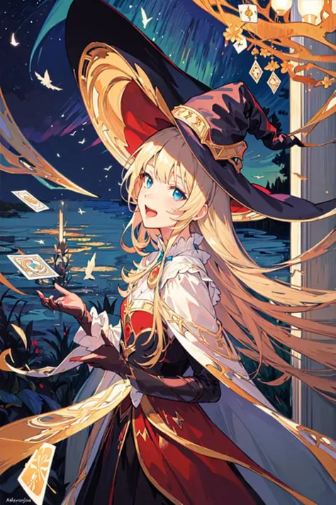 ((masterpiece:1.2, best quality)), 1girl, solo, (witch hat), blonde hair, long hair, dress, aurora, night, star (sky), gloves, sky, white dress, night sky, open mouth, starry sky, blue eyes, ribbon, very long hair, red dress, smile, hair ribbon, cape, blue hair, (bird), magic, casting spell, dark clouds, night, (impressionism:1.4), (tarot:1.3), alphonse mucha,