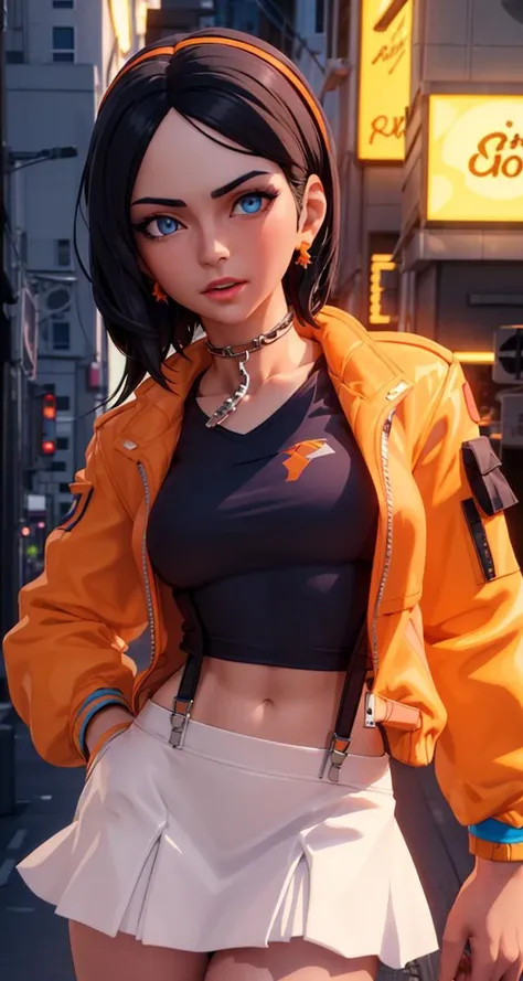 <lora:VRAMsRoxX06:0.6>, xyzrox, 1girl, beautiful, closeup, portrait, masterpiece, black hair, blue eyes, hair band, jacket, shirt logo, chain choker, medium hair, 3d render style, orange jacket, white undershirt, midriff, white skirt, suspenders