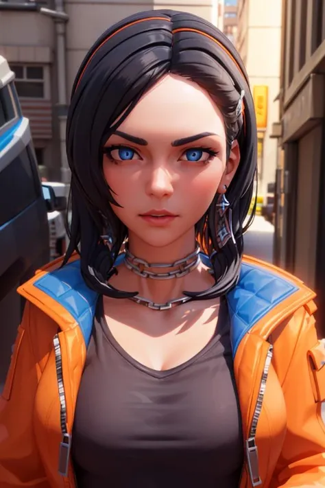 <lora:VRAMsRoxX06:0.6>, xyzrox, 1girl, beautiful, closeup, portrait, masterpiece, black hair, blue eyes, hair band, jacket, shirt logo, chain choker, medium hair, 3d render style, orange jacket, white collar