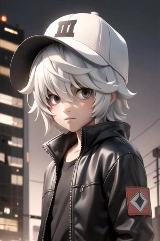 masterpiece, best quality, wallpaper, 1boy, solo, male focus, looking at viewer, upper body, depth of field, , , <lora:nate_river:0.72>, nate_river, white hair, black eyes, hair between eyes, bags under eyes, , trucker hat, The City of Glas,