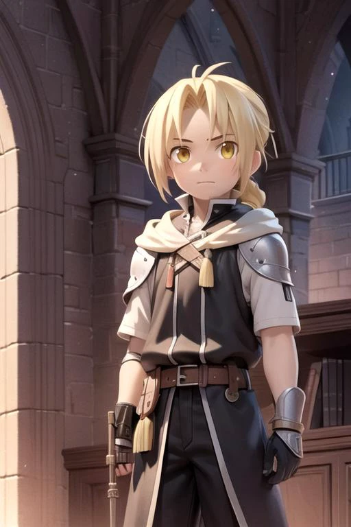 masterpiece, best quality, game cg, 1boy, solo, male focus, looking at viewer, , , , , <lora:edward_elric:0.66>, edward_elric, blonde hair, yellow eyes, braid, single braid, braided ponytail, prosthesis, , The Tower of Oblivion: A stronghold where forgotten secrets and dark magic are hidden, HDR