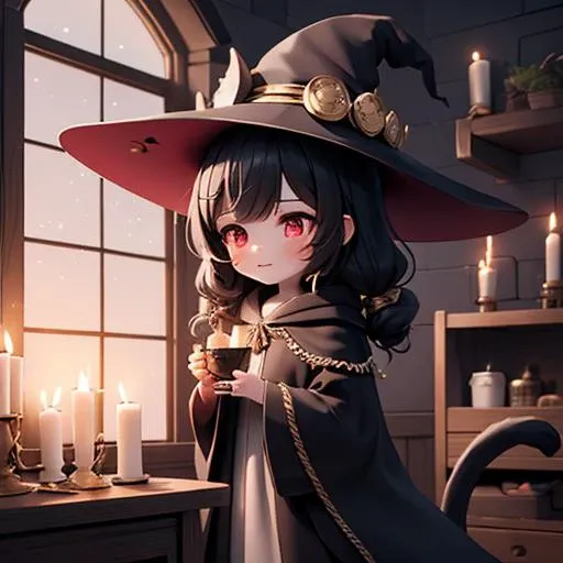 (masterpiece, high quality) a magical chibi whitch catgirl, black hair, red eyes, wearing a witch's hat, with stars on it,black robes, brewing a potion inside a herbalist house, herbs, spices and critters hanging around the wall, (moonlight shining through window, candlelit:1.2)
