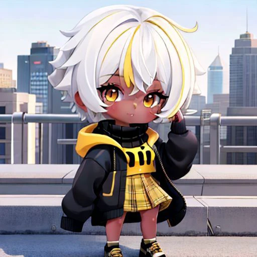 masterpiece, best quality, 1girl, solo, <lora:parkdona-vtuber-richy-v1_5:1> parkdona, mature female, black sweater, sleeveless, yellow skirt, plaid skirt, rooftop, full body, big head, chibi, jacket, dark skin