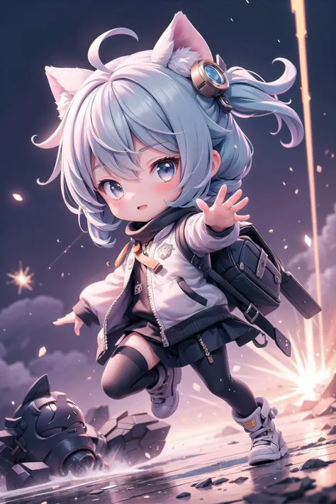 (masterpiece),  1girl,  chibi,  action pose,  light particles,  dynamic angle,  dust particles,  light rays,  explosive