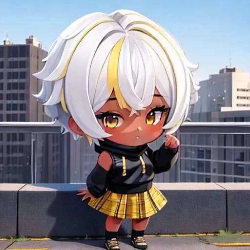 masterpiece, best quality, 1girl, solo, <lora:parkdona-vtuber-richy-v1_5:1> parkdona, mature female, black sweater, sleeveless, yellow skirt, plaid skirt, rooftop, full body, big head, chibi, dark skin