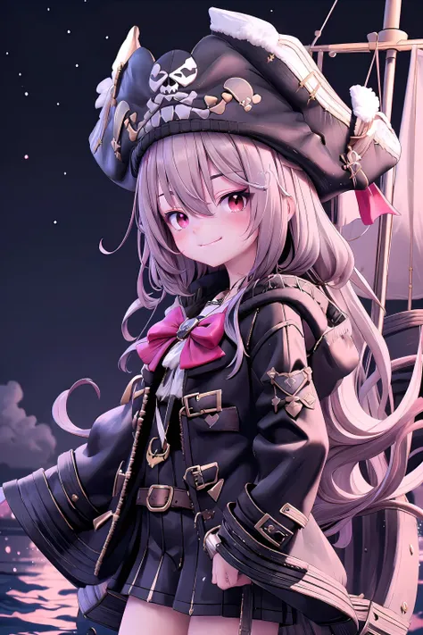 (masterpiece), (ultra-detailed), best quality, 8k, 1girl, solo, neuro-sama, standing, looking at viewer, night sky, cloud, pirate ship, Black flag, sailor collar, red bow tie, (black pirate coat:1.5), heart hair ornament, pirate hat, red eyes, smug face, <lora:NeuroTEST:0.5>